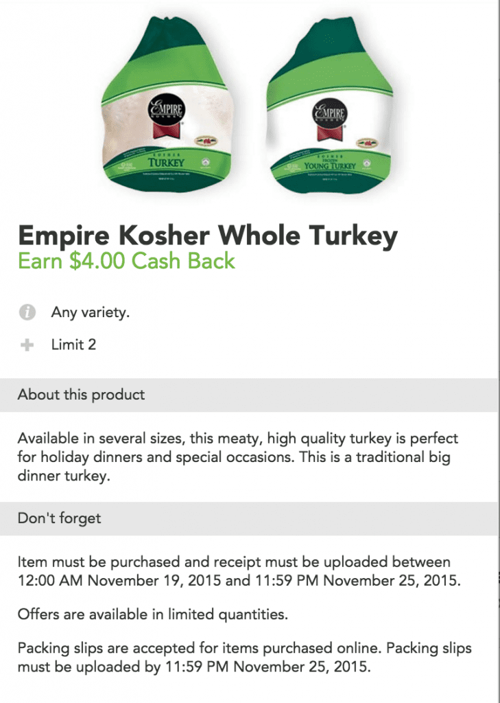 Checkout 51 $4 back on Empire Kosher Whole Turkey