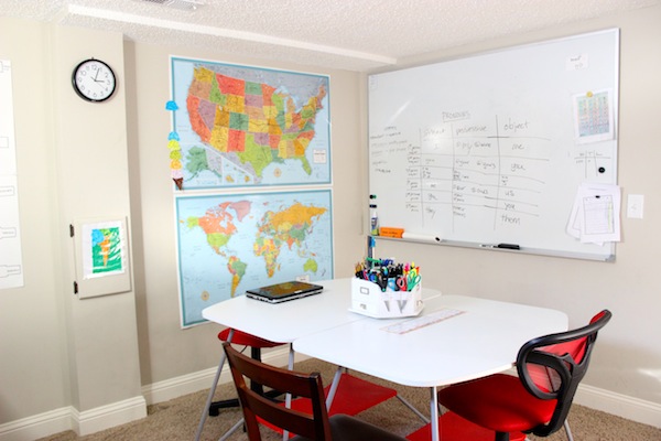 Homeschool Room Tour ; White board, table, maps