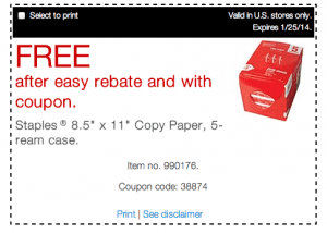 Free Case of Printer Paper at Staples