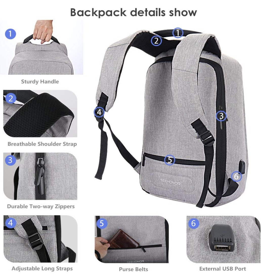 Slim Laptop Backpack with USB Charging Cable and Port - BEST PRICE!