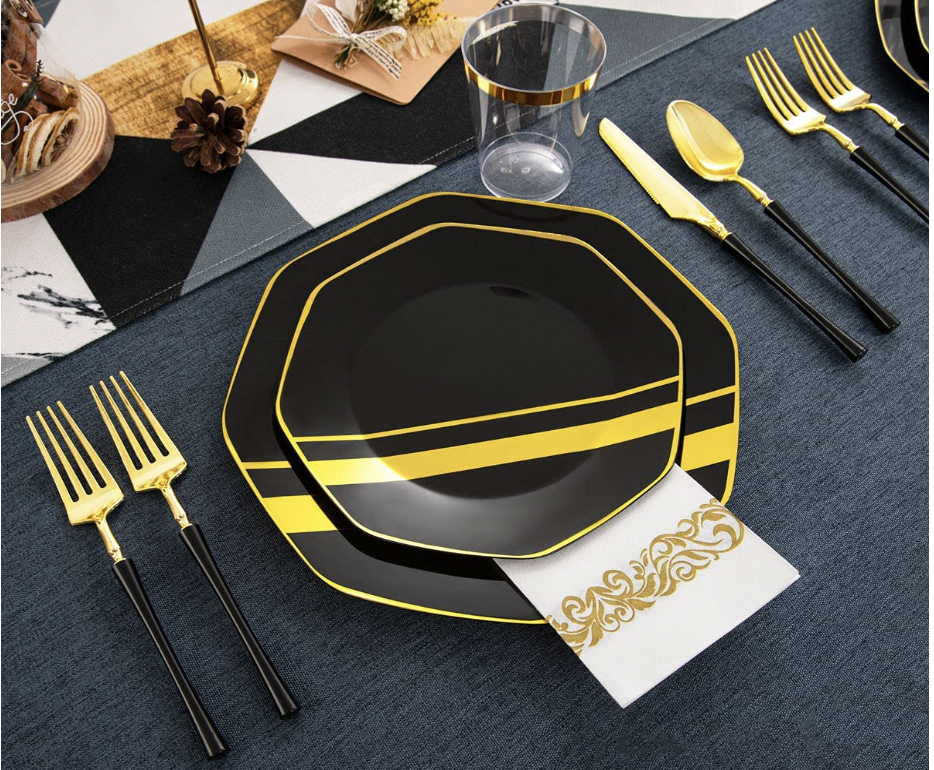 thumbnail image 2 of 211-Piece Black & Gold Disposable Party Dinnerware Set - Plates, Cups, Silverware, Tablecloth For 30 Guests 2 of 12