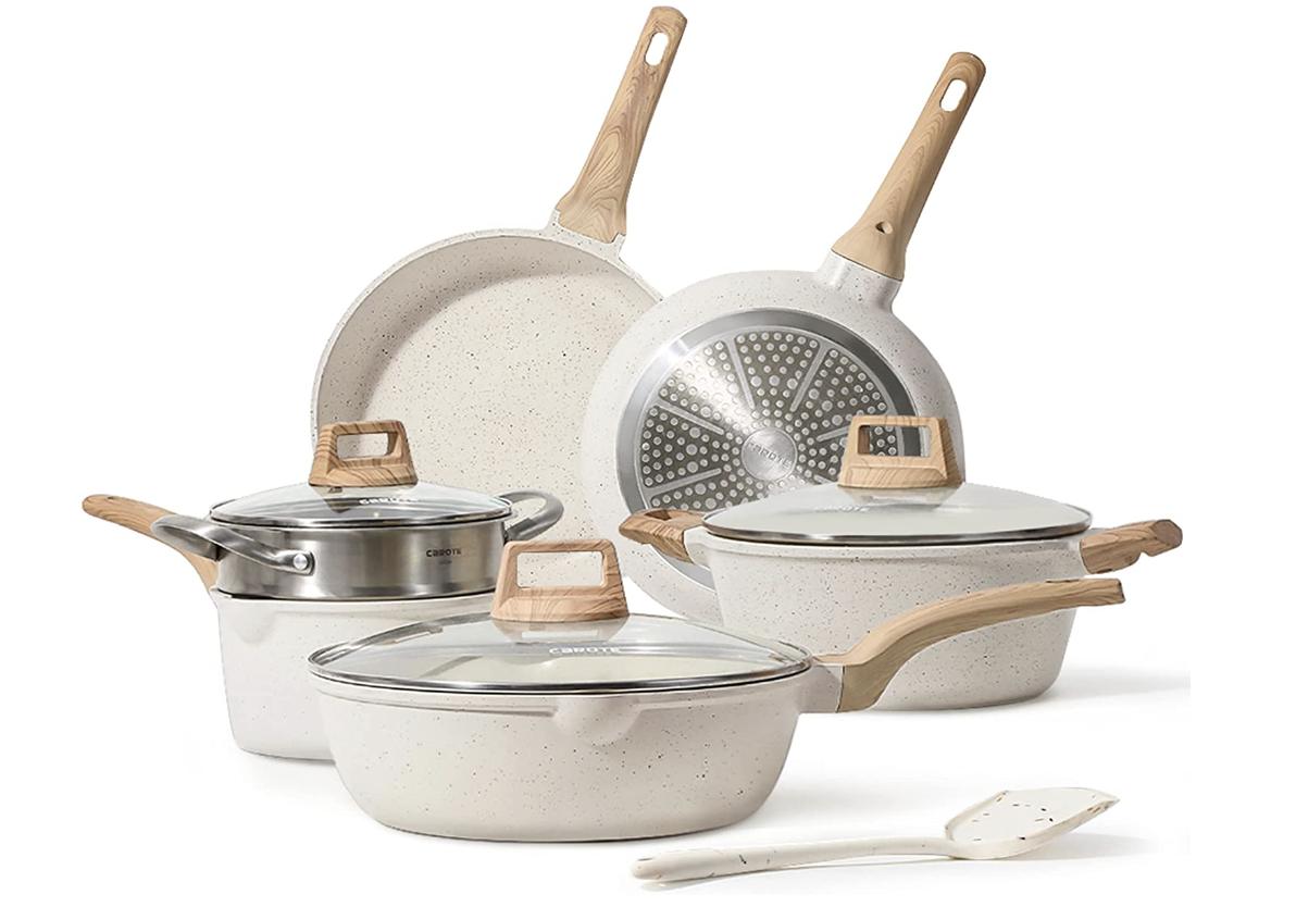 10-Pc CAROTE Pots and Pans Set Nonstick in White Granite for $79.99 (Reg.  $149.99) at