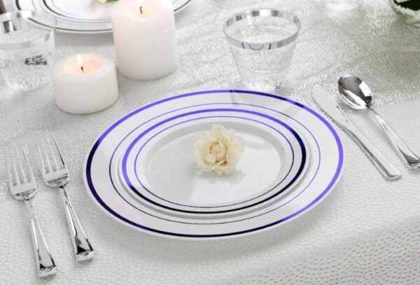 Amazon | Blue Rimmed 125-Piece White and Blue Disposable Dinnerware Set ...